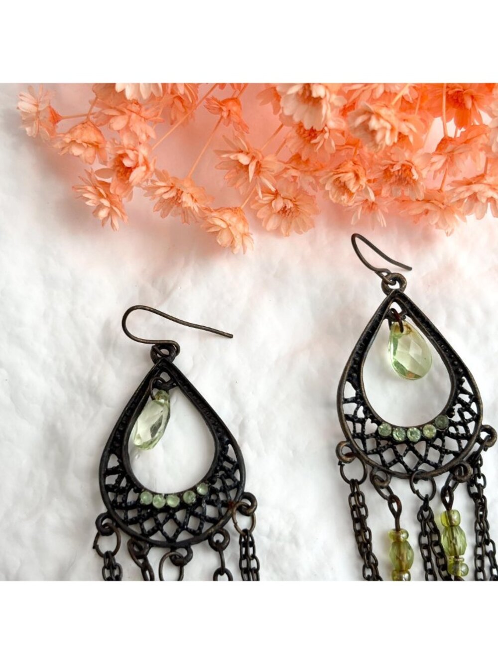 Ultra Dark Silver Toned Green Rhinestone Chandelier Vintage Dangle Earrings - Picture 7 of 13